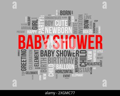 Modello di nuvola di parole per la doccia del bambino. Sfondo vettoriale del concetto di messaggio di saluto neonato. Illustrazione Vettoriale