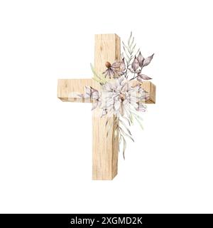 Acquerello illustrazione cristiana Gesù Cristo è risorto, croce di legno, fiori. Per le pubblicazioni della chiesa di Pasqua, stampe. Prima comunione, cattolico Foto Stock