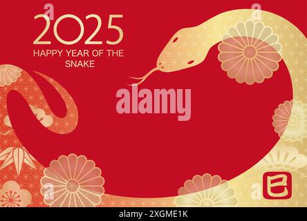 2025, Year of the Snake, Vector New Year's Greeting Card Template with Text Space on A Red background. Illustrazione Vettoriale