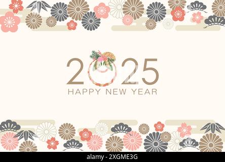 Il modello di carta di Capodanno vettoriale dell'anno 2025 con spazio di testo decorato con motivi vintage giapponesi. Illustrazione Vettoriale