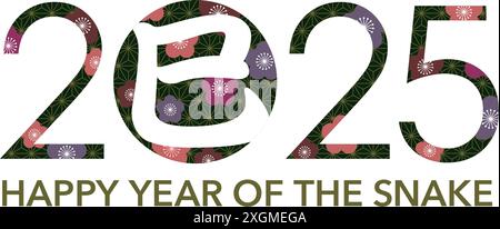 The Year 2025, The Year of the Snake, Vector New Year's Greeting Symbol con Un personaggio Kanji Snake. Traduzione di testo Kanji - il serpente. Illustrazione Vettoriale