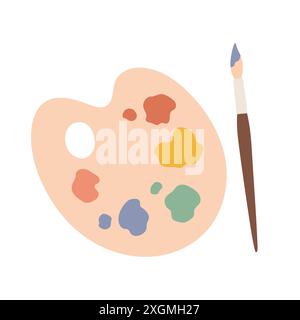 Tavolozza semplice con vernici di diversi colori e pennello, pennello. Vista dall'alto degli strumenti di pittura isolati sul bianco Illustrazione Vettoriale