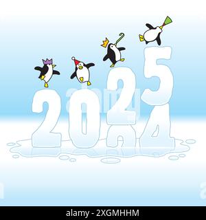 Quattro pinguini Happy Party che indossano cappelli di carta ballano sopra la solfura ghiacciata che cambia anno 2024-25 si scioglie lentamente a causa del riscaldamento globale Illustrazione Vettoriale