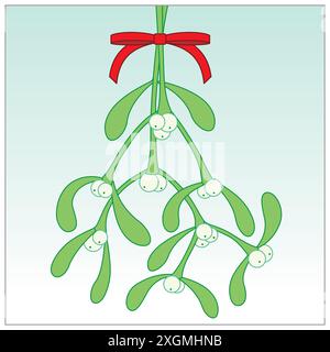 Bouquet di Mistletoe con fiocco rosso su sfondo ghiacciato Illustrazione Vettoriale