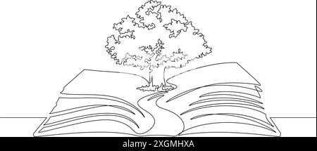 disegno continuo dell'albero grande e illustrazione del libro di apertura. filosofia, conoscenza e concetto di metafora ambientale ecologica Illustrazione Vettoriale