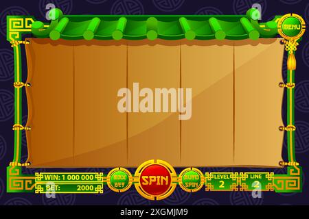 L'interfaccia utente del gioco è in stile cartone animato con pulsanti di base per i tuoi progetti. Design dell'interfaccia utente del gioco di slot machine casinò per il gioco di casinò a tema cinese. Illustrazione Vettoriale