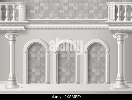 Muratura in mattoni con fori ad arco in gesso bianco, colonne romane e ringhiera del balcone. Realistica facciata vettoriale vintage 3d con elementi di architettura greca classica. Esterno di un palazzo d'epoca di lusso. Illustrazione Vettoriale