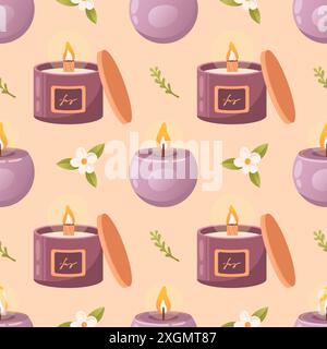 Candela di soia profumata in un bicchiere con stoppino di legno, viola rotondo. Hygge, stile boho, per creare intimità, design degli interni. Aromaterapia, benessere, Illustrazione Vettoriale