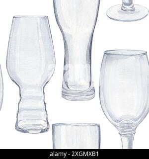 Motivo acquerello senza cuciture con diversi bicchieri di birra su sfondo bianco. Può essere utilizzato su tessuti e prodotti di carta. Foto Stock