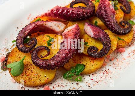 Polpo con patate e spezie, su un piatto leggero, vista dall'alto, niente persone, fatti in casa, primo piano Foto Stock