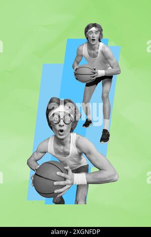 Grafica di tendenza composita immagine di schizzo 3D foto collage di gioco sportivo partita basket giovane studente divertente geek tenere palla omg faccia Foto Stock