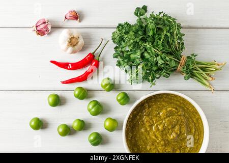 Salsa Tkemali, cucina tradizionale georgiana, prugna verde ciliegia, con ingredienti per salsa, coriandolo, menta, pepe caldo, aglio, su un legno bianco Foto Stock