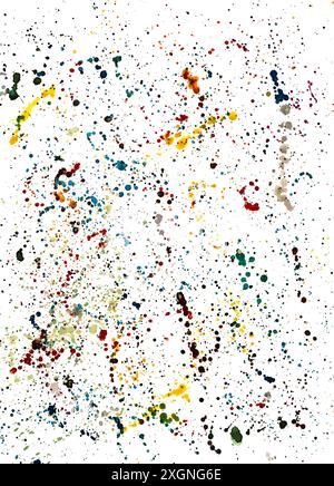 Sfondo astratto, gocce, schizzi, pittura, su sfondo bianco, multicolore, disegno, pittura ad acquerello Foto Stock