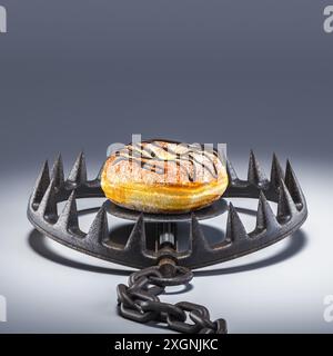 Deliziosa esca trappola metallica di ciambella, concetto cibo malsano dipendenza pericolosa. 3d. Foto Stock