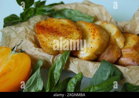 Fette di pane dorato tostato condite con spezie e presentate con foglie di basilico fresco e un pomodoro giallo su carta pergamena Foto Stock