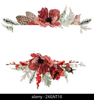 Fiore di anemone papavero, rami di abete rosso coni, bacche. Illustrazione disegnata a mano ad acquerello, cornice isolata su bianco. Natale, felice nuovo Foto Stock