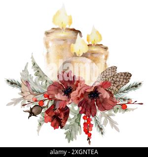 Candele, fiori di anemone papavero, coni rami di abete rosso, bacche. Illustrazione disegnata a mano in acquerello isolata su bianco. Natale, felice anno nuovo Foto Stock