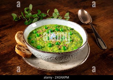 Zuppa di crema verde e toast, su sfondo di legno rustico scuro, con erbe fresche Foto Stock