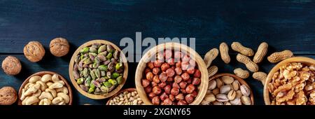 Panoramica NUTS con spazio di copia. Una varietà di noci, sparati dall'alto su uno sfondo di legno blu scuro Foto Stock