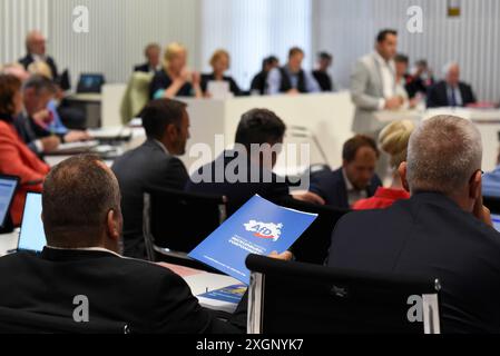 Schwerin, Germania. 10 luglio 2024. I membri del gruppo parlamentare dell'AfD partecipano alla sessione parlamentare statale del governo di stato rosso-rosso del Meclemburgo-Vorpommern nella sala plenaria del Castello di Schwerin. Crediti: Frank Hormann/dpa/Alamy Live News Foto Stock