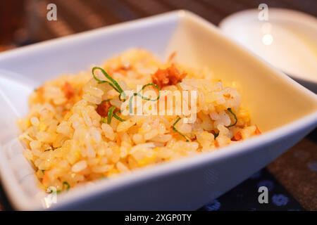 Primo piano di riso fritto dall'autentico ristorante cinese, riso fritto in padella in stile cinese con uova, verdure e maiale brasato, pesce o altro ingre Foto Stock