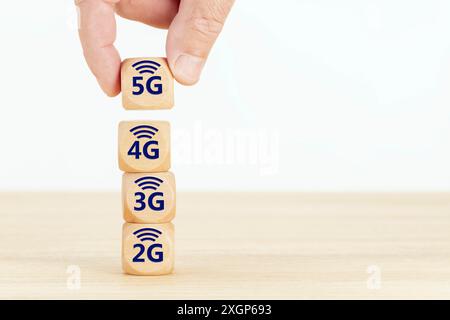 Concetto di evoluzione della rete 5G. Tenere un blocco di legno con testo e simbolo. Spazio di copia Foto Stock