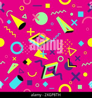 Pattern vettoriale senza cuciture con forme geometriche multicolore su sfondo scuro. Stampa astratta vintage retrò. Moda anni '80-'90 Design in stile Memphis. Foto Stock