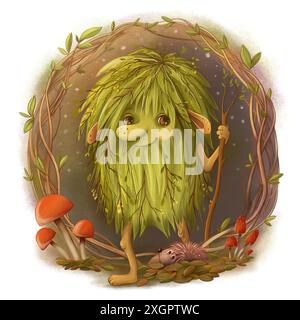 Carino cartoni animati, troll verde della foresta o goblin sorridente Foto Stock