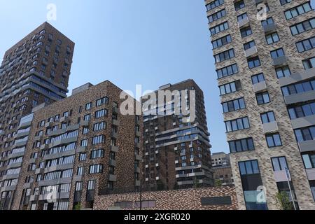 Vista dal basso degli alti e moderni edifici della città con molte finestre costruite nel gruppo urbano Foto Stock