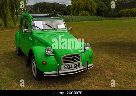 Classic Green Citroen 2CV parcheggiata su erba. Foto Stock