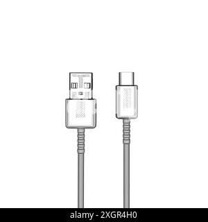 Cavo di ricarica, fili con porte di tipo c e USB-A, immagini in bianco e nero vettoriali. cavo di ricarica. concetto di connessione, tecnologia, telefono cellulare Illustrazione Vettoriale