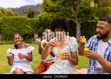 La famiglia ama fare un picnic all'aperto, con spazio per fotocopie. La scena cattura un momento gioioso con una giovane donna birazziale, una ragazza birazziale adolescente, un'africana Foto Stock