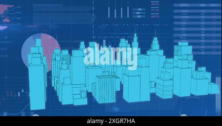 Immagine della città digitale su elaborazione dati su sfondo blu. tecnologia globale, informatica e concetto di interfaccia digitale immagine generata digitalmente. Foto Stock