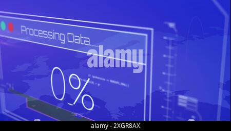Immagine del caricamento del 100% dell'elaborazione dei dati rispetto alla mappa del mondo blu. Composito digitale, comunicazione globale, tecnologia, cloud computing, dati, conne Foto Stock