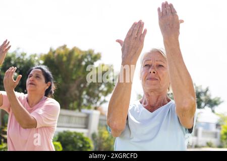 Due diverse amiche anziane focalizzate che praticano tai chi nel giardino soleggiato. Tai chi, estate, benessere, esercizio fisico, arti marziali, amicizia e guarigione Foto Stock