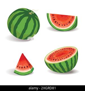 Set anguria. Frutta estiva succose fette e icone di disegno dell'anguria in uno stile realistico per il tuo design Illustrazione Vettoriale