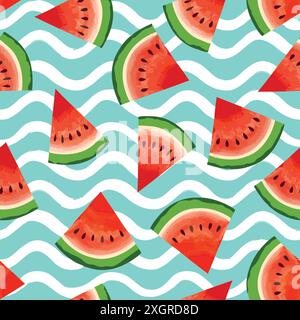 Schema dell'anguria. Fette di frutta succose dalla consistenza senza cuciture. Design estivo brillante Illustrazione Vettoriale