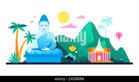 Thailandia natura e statua di Buddha - illustrazione vettoriale colorata moderna Illustrazione Vettoriale