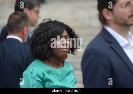 Parigi, Francia. 7 febbraio 2021. Il neoeletto deputato francese Daniele Obono arriva all'Assemblea nazionale francese a Parigi il 9 luglio 2024, dopo il secondo turno delle elezioni legislative francesi. Foto di Karim Ait Adjedjou/ABACAPRESS. COM credito: Abaca Press/Alamy Live News Foto Stock