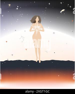 Giovane donna in piedi che meditava con la stella nelle sue mani. Meditazione, armonia e concetto di illuminazione. Creazione dell'universo. Illustrazione vettoriale Illustrazione Vettoriale