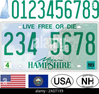 Modello targa New Hampshire state car, lettere, numeri e simboli, illustrazione vettoriale, Stati Uniti, Stati Uniti Illustrazione Vettoriale
