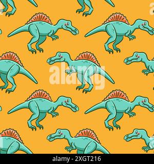 spinosaurus in stile kawaii asiatico con motivo senza cuciture. Dinosauro, lucertola preistorica, mascotte. Illustrazione vettoriale divertente del personaggio dei cartoni animati f Illustrazione Vettoriale