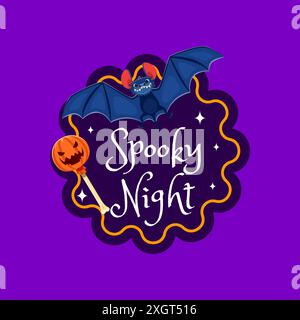 Tag regalo di Halloween con pistrello volante e lecca-lecca di zucca. Adesivo ondulato vettoriale isolato o patch con un simpatico pipistrello, stelle notturne, caramelle jack lanterne sul bastone e un carattere allegro e divertente Illustrazione Vettoriale