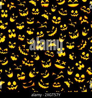 Halloween spaventoso motivo senza cuciture con pericolosi volti di zucca, sfondo vettoriale. Cartoni animati natalizi spaventose zucche con volti spaventosi con un sorriso cupo o un sorriso e occhi ardenti per Halloween Illustrazione Vettoriale