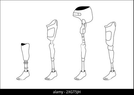 Set artistico per protesi delle gambe, piede artificiale per riabilitazione ortopedica, impianto bionico, esoscheletro. Simboli di contorno Illustrazione Vettoriale