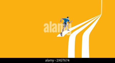 Atleta muscoloso e determinato, corridore in movimento, che corre su una grande pista gialla astratta. Spirito di vittoria. Design minimalista. Foto Stock
