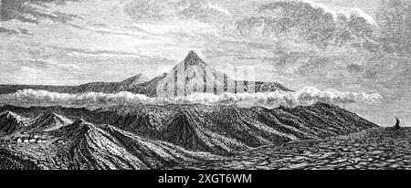 Vulcano Pico de Teide sopra le nuvole, 3.715 m o 12.188 piedi, Tenerife, Isole Canarie, Spagna, illustrazione storica 1886 Foto Stock