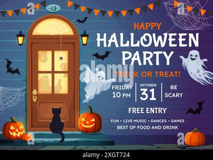 Volantino per la festa di Halloween con gatto nero seduto sul portico di fronte alla porta, decorato con ghirlande e zucche, fantasma spettrale e pipistrelli. Poster di invito vettoriale per festeggiamenti o serate di dolcetti Illustrazione Vettoriale