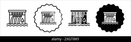 Icona della centrale idroelettrica, simbolo del logo, contorno vettoriale in bianco e nero Illustrazione Vettoriale