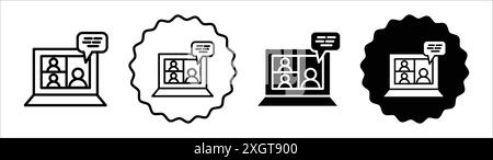 Icona riunione online simbolo vettoriale contorno in bianco e nero Illustrazione Vettoriale